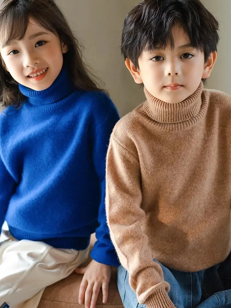 Boys Girls Turtleneck Sweater Merino Wool Thickened Solid Color Warm Base Layer Top Older Kids High Neck