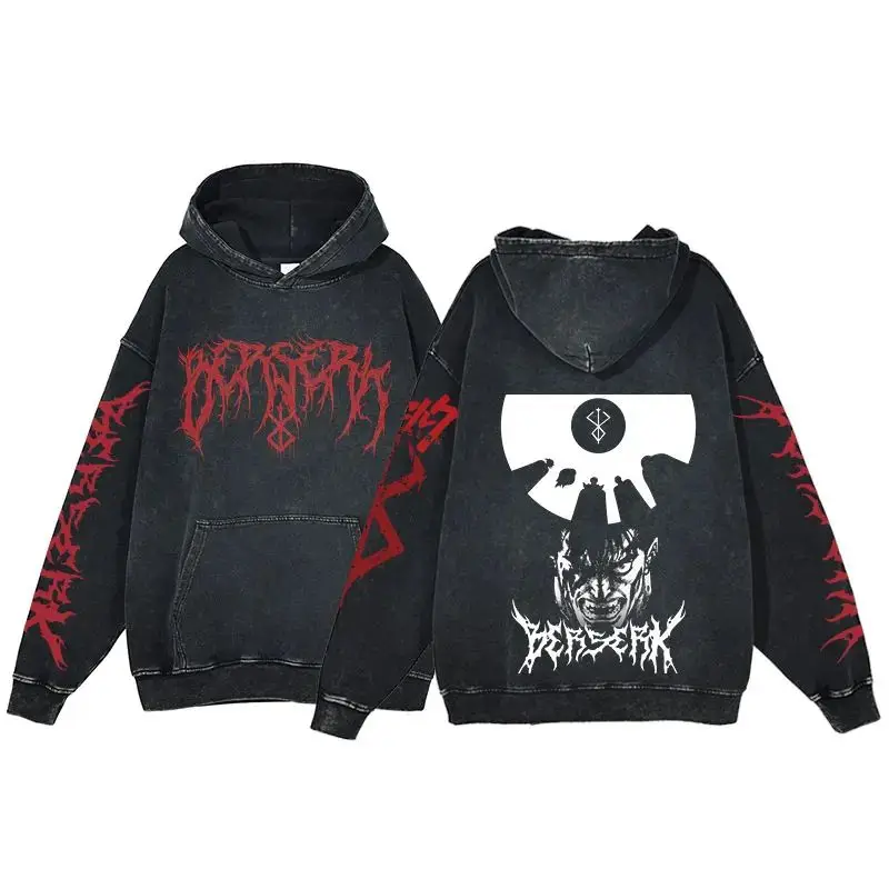 

2024 Berserk Anime Acid Washed Hoodie Clothing Vintage Cotton Hoodies Women Print Hip Hop Hooded Sweatshirts Y2K Clothes