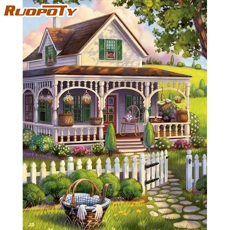 

RUOPOTY Villa Landscape Oil Painting By Numbers For Adults Handmade DIY Framework 40x50 Frame On Canvas Home Decorations