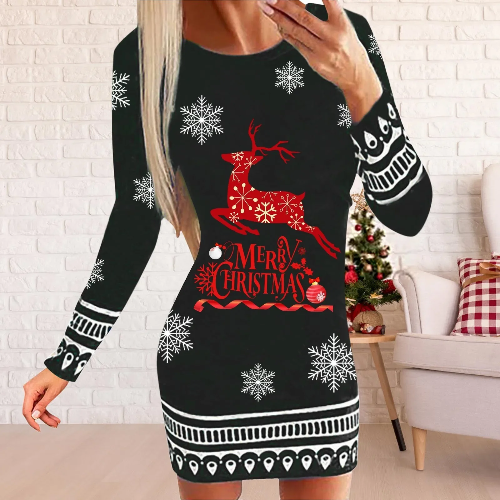 

Women's Christmas Elk Printed Dresses Long Sleeves Round Neck Tight Above Knee Casual Bodycon Mini Dress Women Fitted Dress