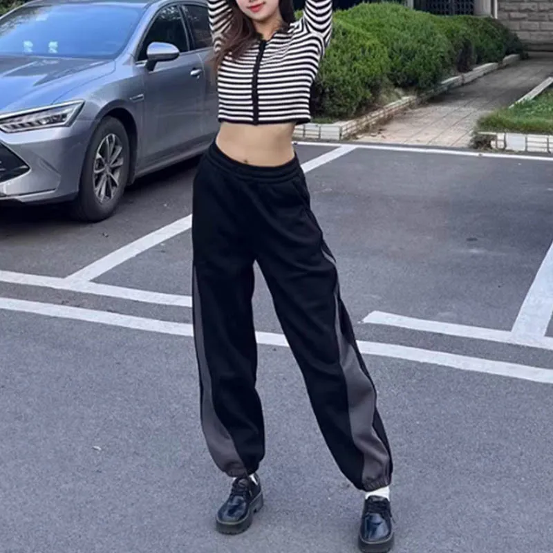 

2024 autumn new big size color contrast high waist thin bundle foot pear shape body fitness sports all match casual pants