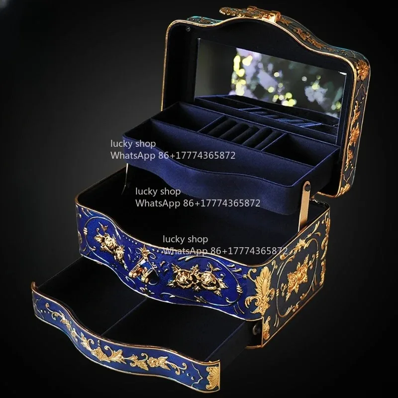Three-layer European Princess Jewelry, Built-in Mirror with Lock, Large Jewelry Ring Storage Box.