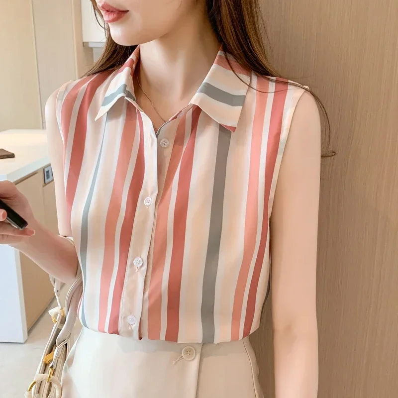 2024 New Chiffon Summer Women\'s Blouse Casual Fashion Simplicity Tops Stripe Sleeveless Lapel Collar Shirt