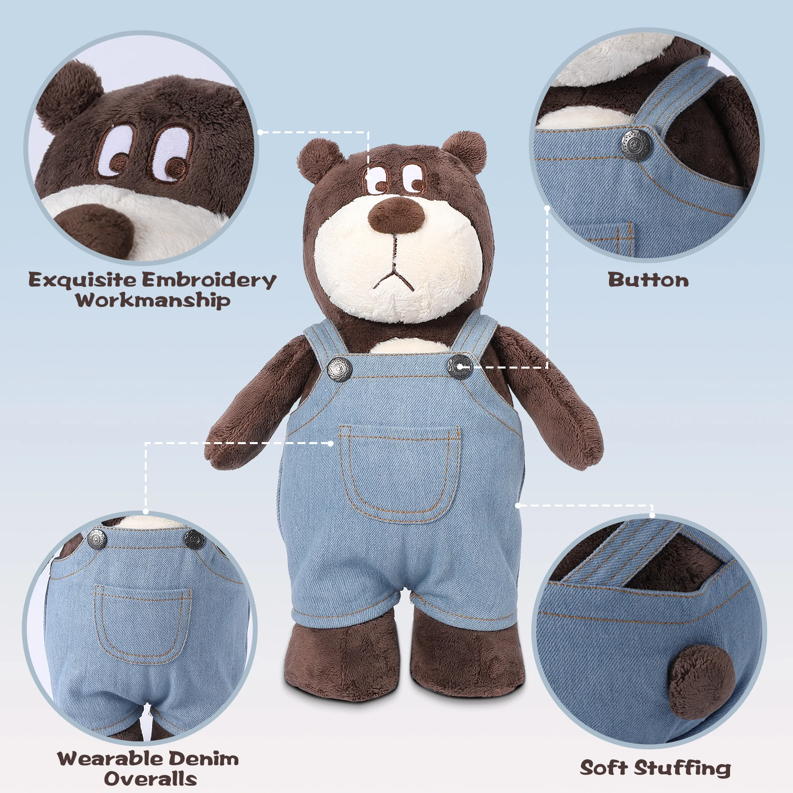 Hansbear 13.5” Plush Cute Stuffed Animal Toys, Soft Stuffed Bear, Removable Denim Overalls, Birthday for Boys Girls