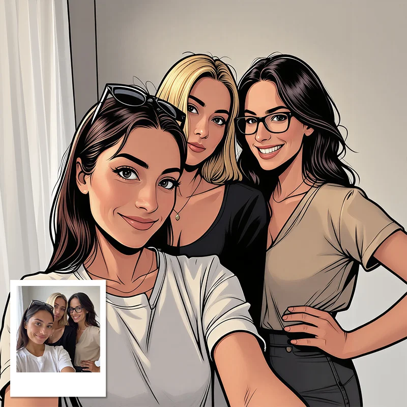 Custom Photo to Cartoon Three Friends Wall Art - Personalized Comic Style Poster for Best Friend Gift