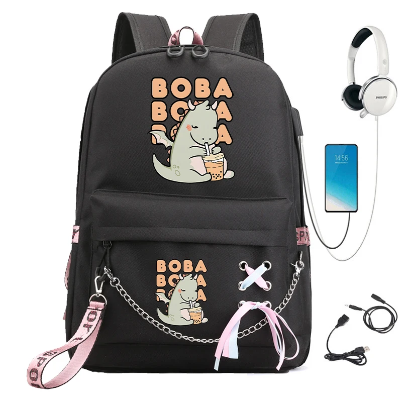 DINOSAUR BUBBLE MILK TEA Print School Bags for Student Teens Girls Backpack Cartoon Teenager Backpack Back To School Schoolbag