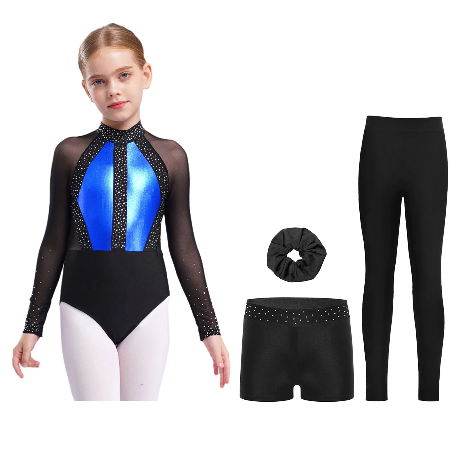 Kids Girls Gymnastics Dance Figure Skating Outfit Patchwork Sheer Mesh Rhinestones Leotard with Leggings Shorts And Headwear