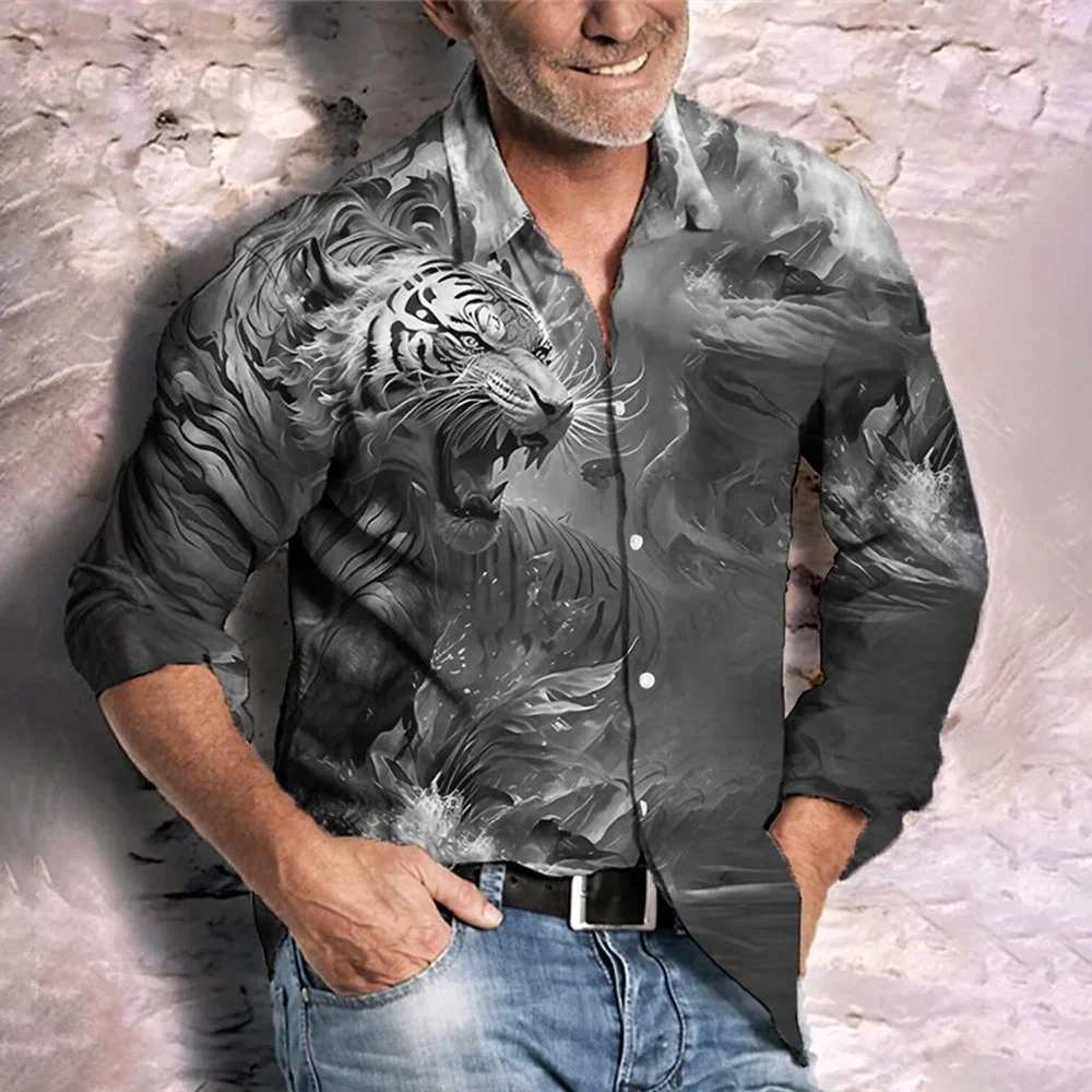 Camisa de las cuatro estaciones, camisa con estampado de tigre a la moda para hombre, Top informal de vacaciones hawaianas, camisa de manga larga con botones y solapa para hombre