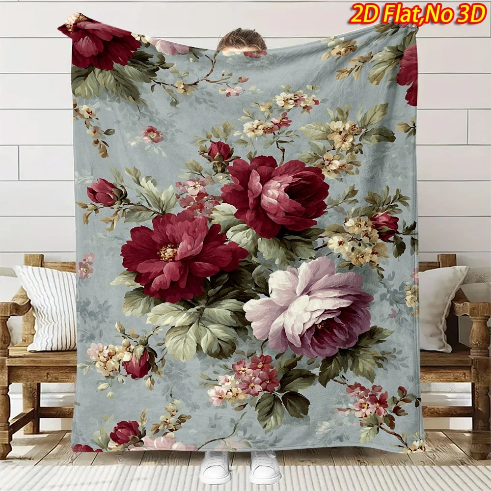Vintage Burgundy Peony Floral Grey Blue Background Print Flannel Blanket Soft Throw For Sofa Bedroom Farmhouse Home Gift