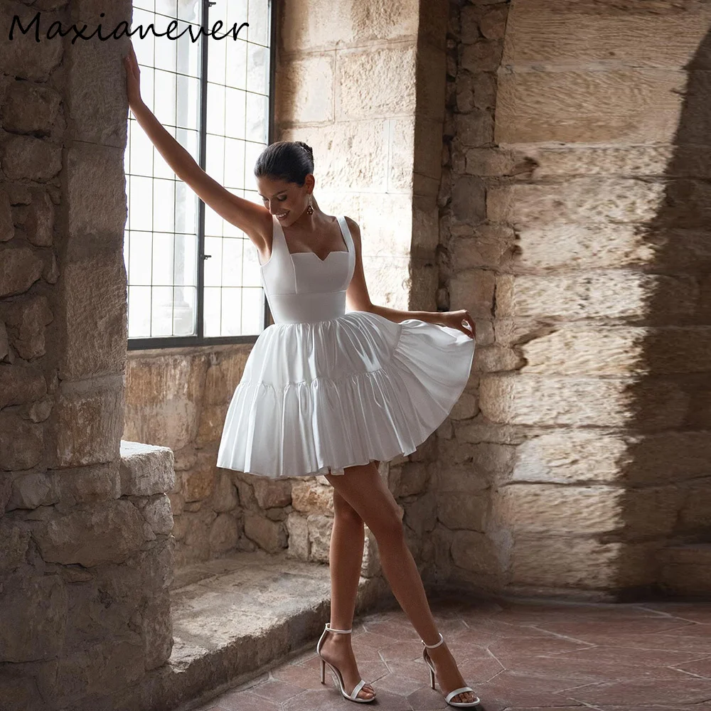 Maxianever Customized Mini Satin Wedding Dresses Spaghetti Straps Sweetheart A-Line Short Fitted Bridal Gowns After Party Dress