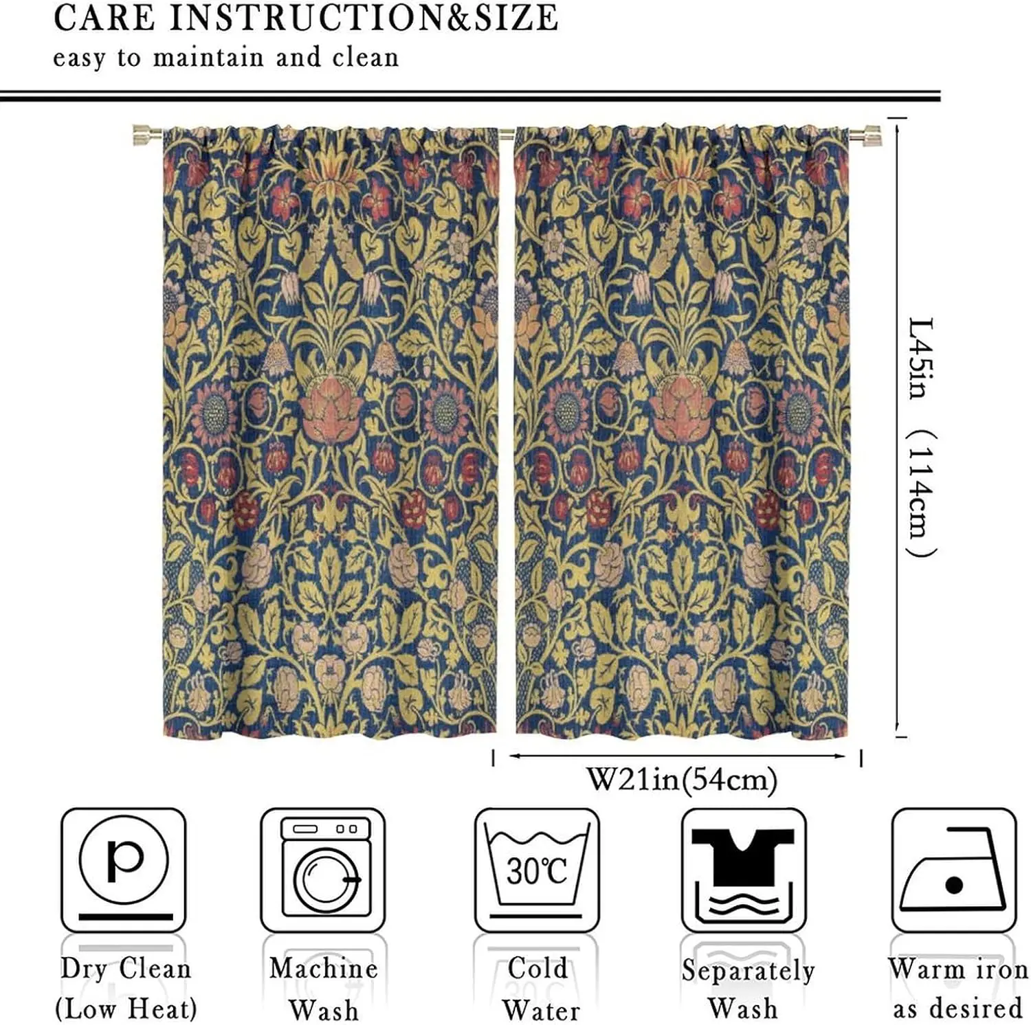 Retro Bohemian William Morris Plant Floral Blackout Window Curtains, Abstract Vintage Country Floral Leaf Pattern Print Window D