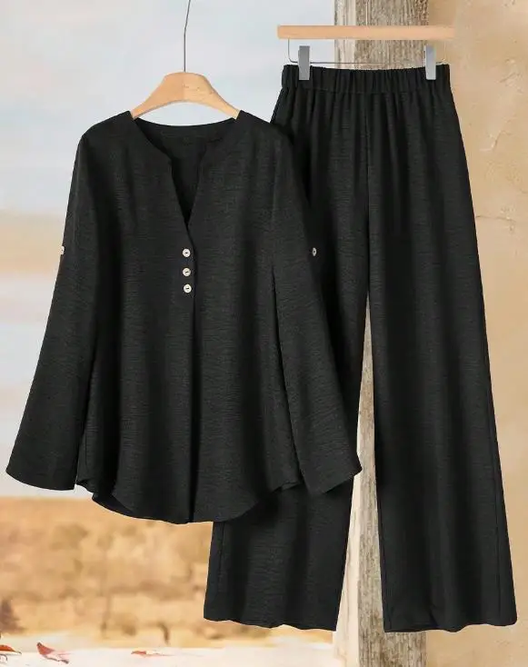 

Two Piece Set Women Outfit 2026 New Spring Autumn Solid Color V-Neck Long Sleeved Loose Top & High Waist Casual Pants Set