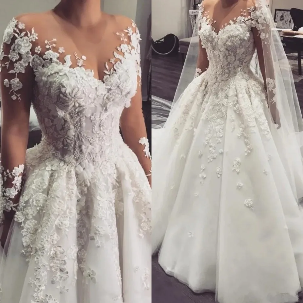 

Floral Wedding Dresses Sheer O-neck Long Sleeves 3D Flowers Lace Appliques Bridal Gown Luxury Vestido De Novia