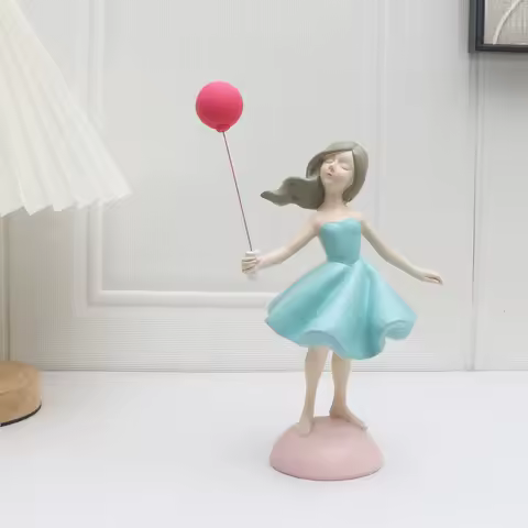 1pc Whimsical Cartoon Girl with Balloon Resin Figurine - INS Style Home Decor Accent, Light Blue Dress, Pink Base, Ideal for Var