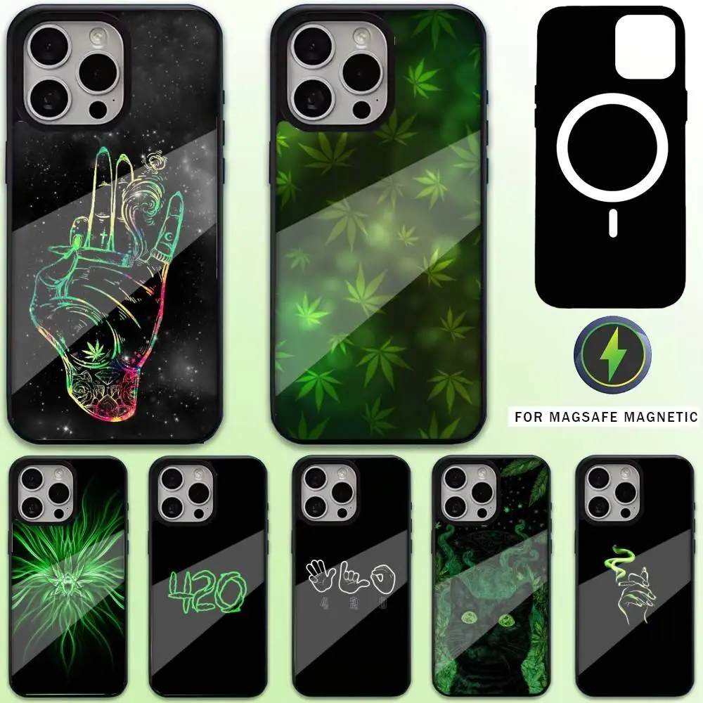 

Leaf Weed 420 Smoking Phone Case For iPhone17,16,15,14,13,12,11 Plus,Pro Max Magnetic For Magsafe Wireless Charging