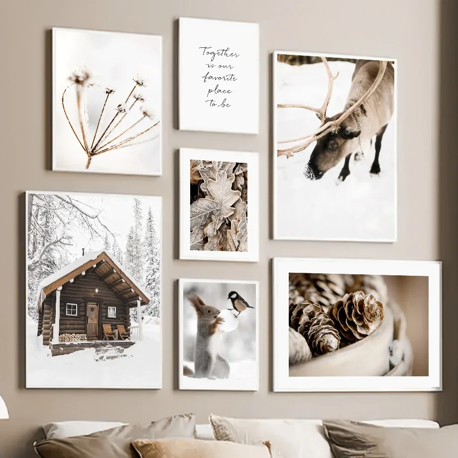 

Winter Snow Scene House Leaves Squirrel Elk Wall Art Posters Prints Nordic Canvas Painting Landscape Pictures For Living Room