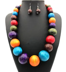 Ethic Style Wood Bead Necklace Earring Set Statement Jewelry Set Costume Colorful Beaded Necklace For Women