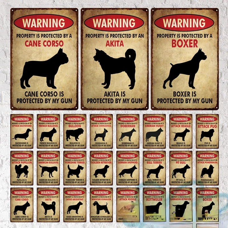 Vintage Protection Dogs Caution Warning Metal Plate Painting Iron Tin Sign Wall Art Picture For Pet Shops Living Room Home Decor