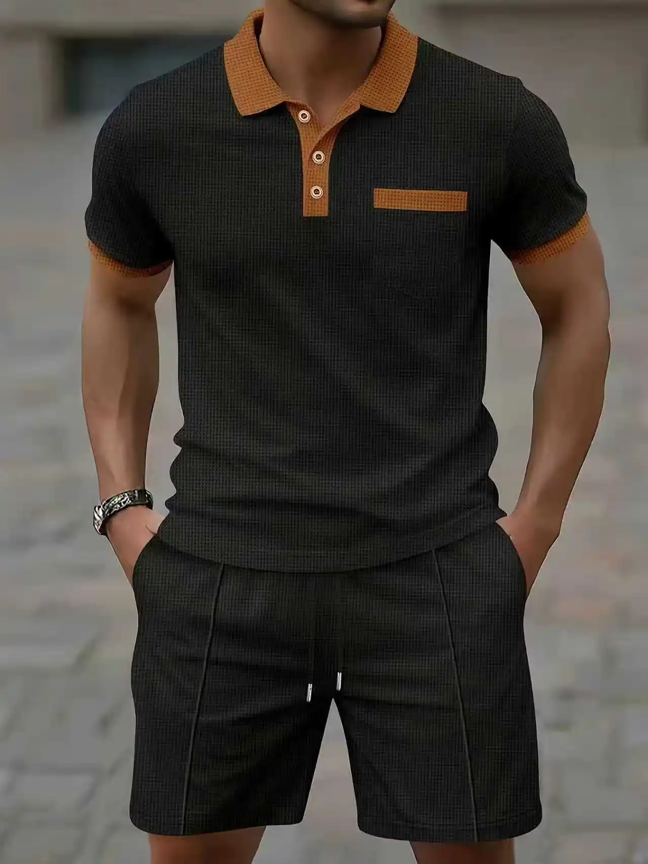 Bestselling men's summer short-sleeved shirt T-shirt polo shorts set fashionable breathable casual sporty European size clothing view 2