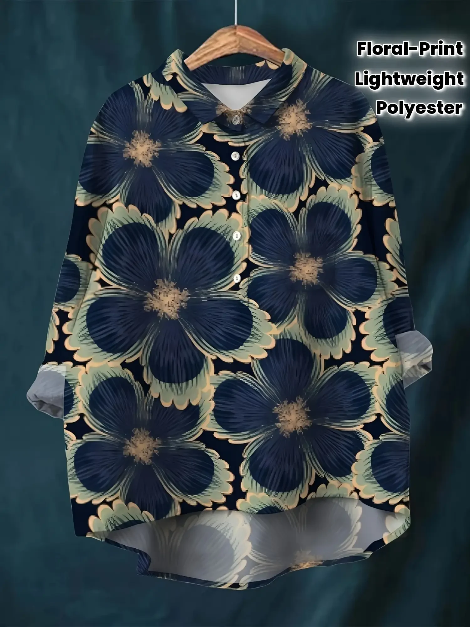 

A simple blooming big flower Ladies' casual loose fit floral printed button up shirt- Americ casual full body printed lapel top.