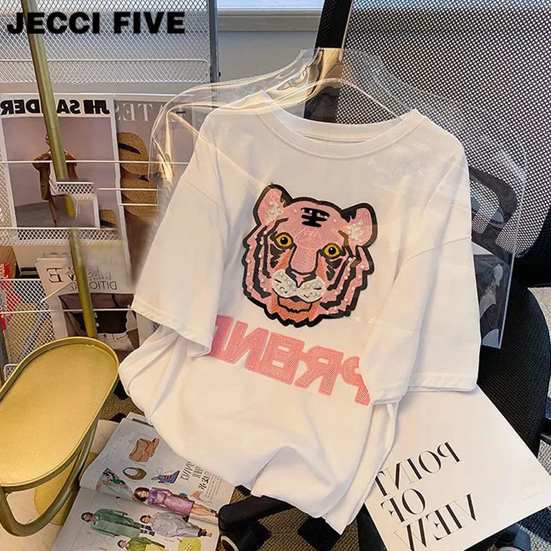 

Женская одежда, летняя милая, милая, шикарная, с вышивкой из бисера, базовая футболка, уличная одежда, футболка большого размера Y2K, повседневные хлопковые топы с короткими рукавами