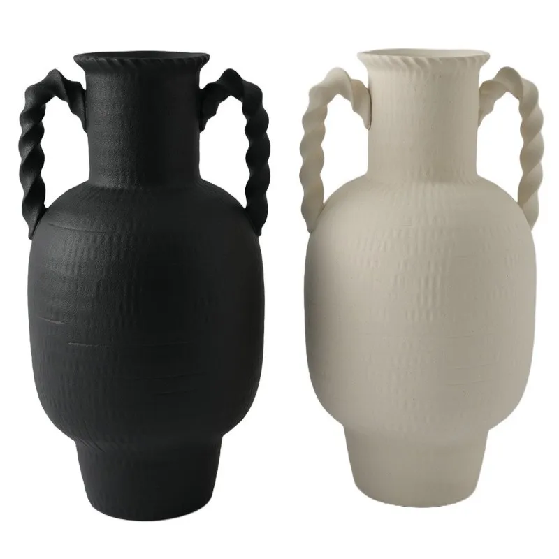 

New Chinese home decoration melanin white binaural ceramic large vase ornament living room flower arrangement retro flower devic