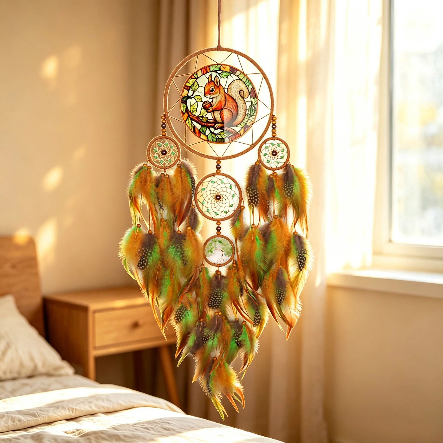 Squirrel Dream Catcher Wall Hanging Handmade Boho Feather Dreamcatcher Autumn Animal Pattern Home Decor Ornament for Bedroom