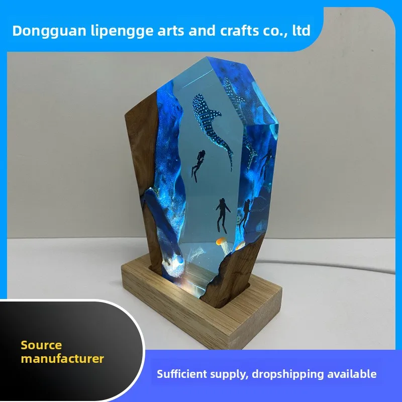 Resin Hammerhead Shark Jellyfish Ocean Night Light, Wood Base Mood Lamp Christmas Gift