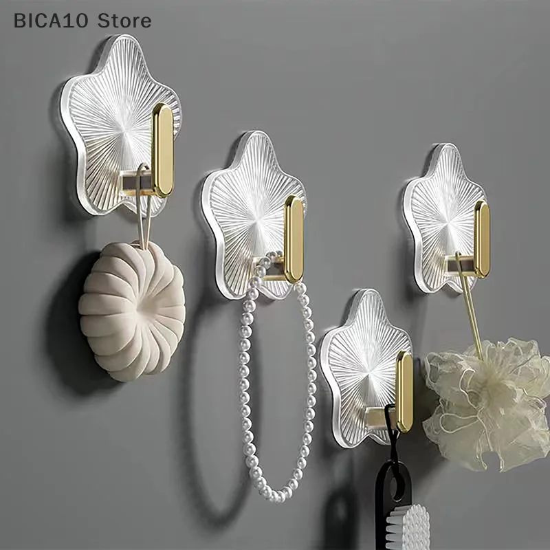 2PCS/Bag Star Shaped Transparent Strong Traceless Hooks Wall Mounted Bathroom Without Punching Towel Key Sundries Storage Hooks