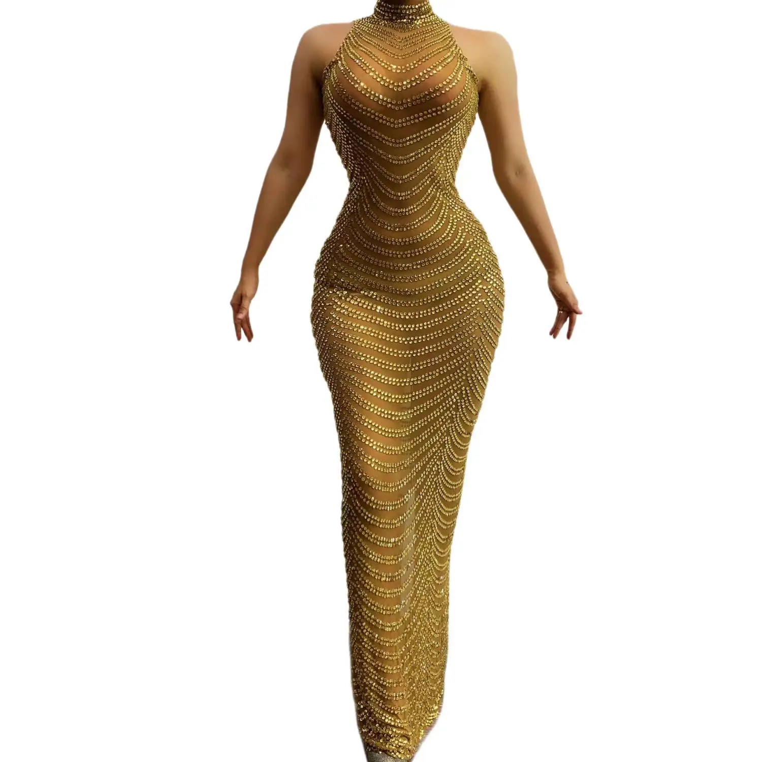Lianyi Womens Luxury Gold Rhinestone Sheer Mesh Maxi Dress Halter Neck Bodycon Formal Evening Party Prom Gown