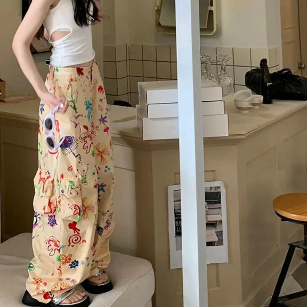 

Korean Multi Pockets Baggy Cargo Pants Graffiti Joggers Y2k Wide Leg Pants High Waist Hip Hop Flower Printing Pants Women Lady