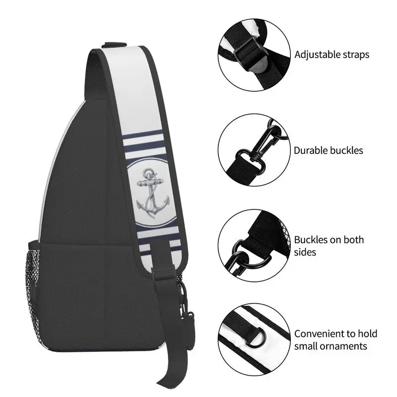 Mochila de hombro personalizada para hombre, bolso de pecho cruzado con ancla náutica a rayas azules marino, a la moda, para acampar y ciclismo