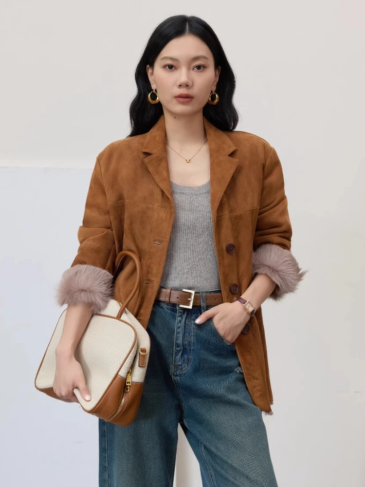 High-end-Luxus Echt Ziegenleder Lamm Pelz Wildleder Mantel für Frauen Einfache Klassische Vintage Echtpelz Echtes Leder winter Blazer Jacke