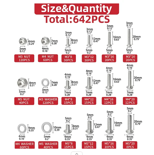 642pcs M5 M4 M3 Button Head Socket Cap Screws Bolts Nuts Washers Assortment Kit, 304 Stainless Steel Metric Screw Set
