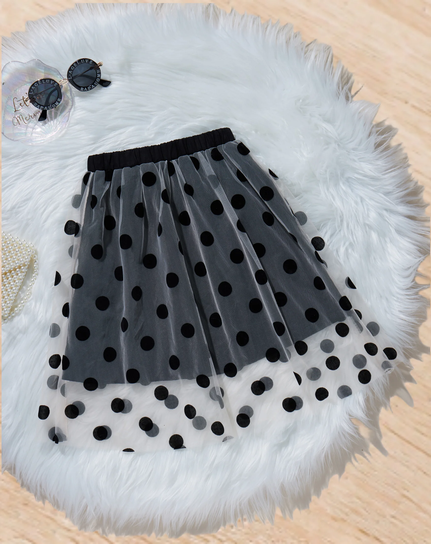 Unique new playful polka dot black double mesh polka dot skirt elastic waist everything girls skirt summer