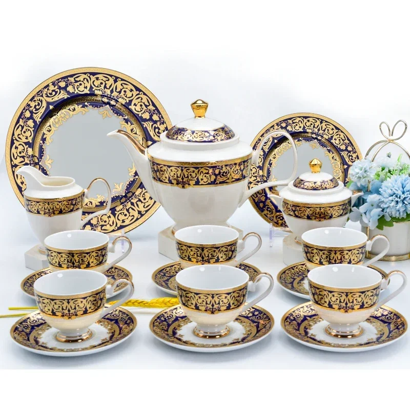 luxury style bone china porcelain embossed gold include dessert dish plate gift wedding afternoon coffee tea cup set