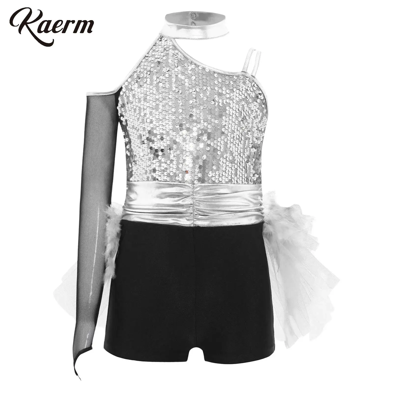

Kids Girls Latin Jazz Dance Dress Sequins Feather Tulle Skirted Figure Skating Leotard Ruched Waist and Asymmetrical Jumpsuit