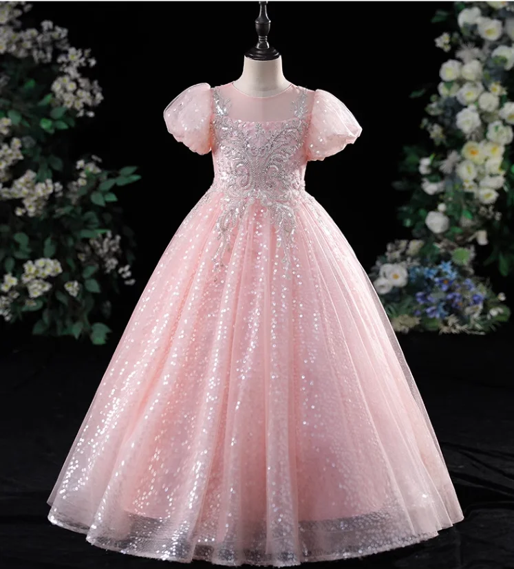 IRIDESCENT Pink High Scoop Flower Girl Dresses 3D Flowers Zipper Ruffled Tulle Backless per abiti da spettacolo di nozze compleanno per bambini