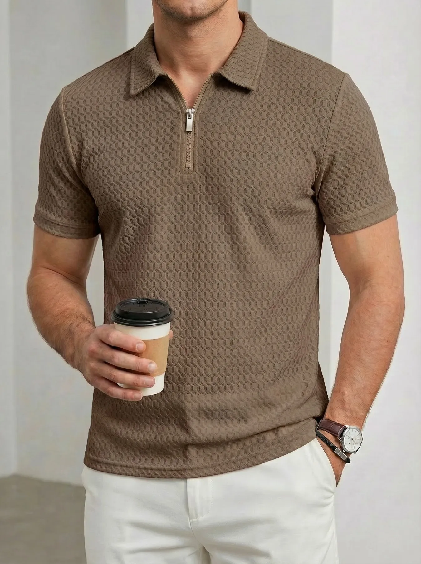 Men's polo shirt with button-down collar and zipper solid color casual outdoor sportswear comfortable checkered short-sleeve top