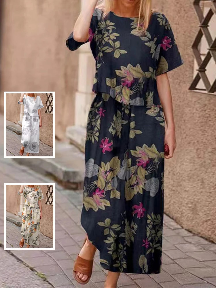 

Хлопковая льняная футболка с принтом в стиле ретро, повседневные широкие брюки из девяти предметов, комплект больших размеров, женский ансамбль Faion