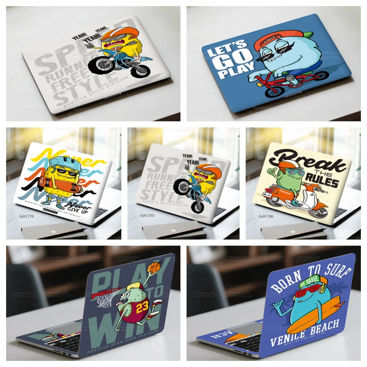 2pcs Cute Monster Laptop Skin Sticker Bicycle Style Protective Decal for MacBook Lenovo HP Notebook Tablet Aesthetics Decor