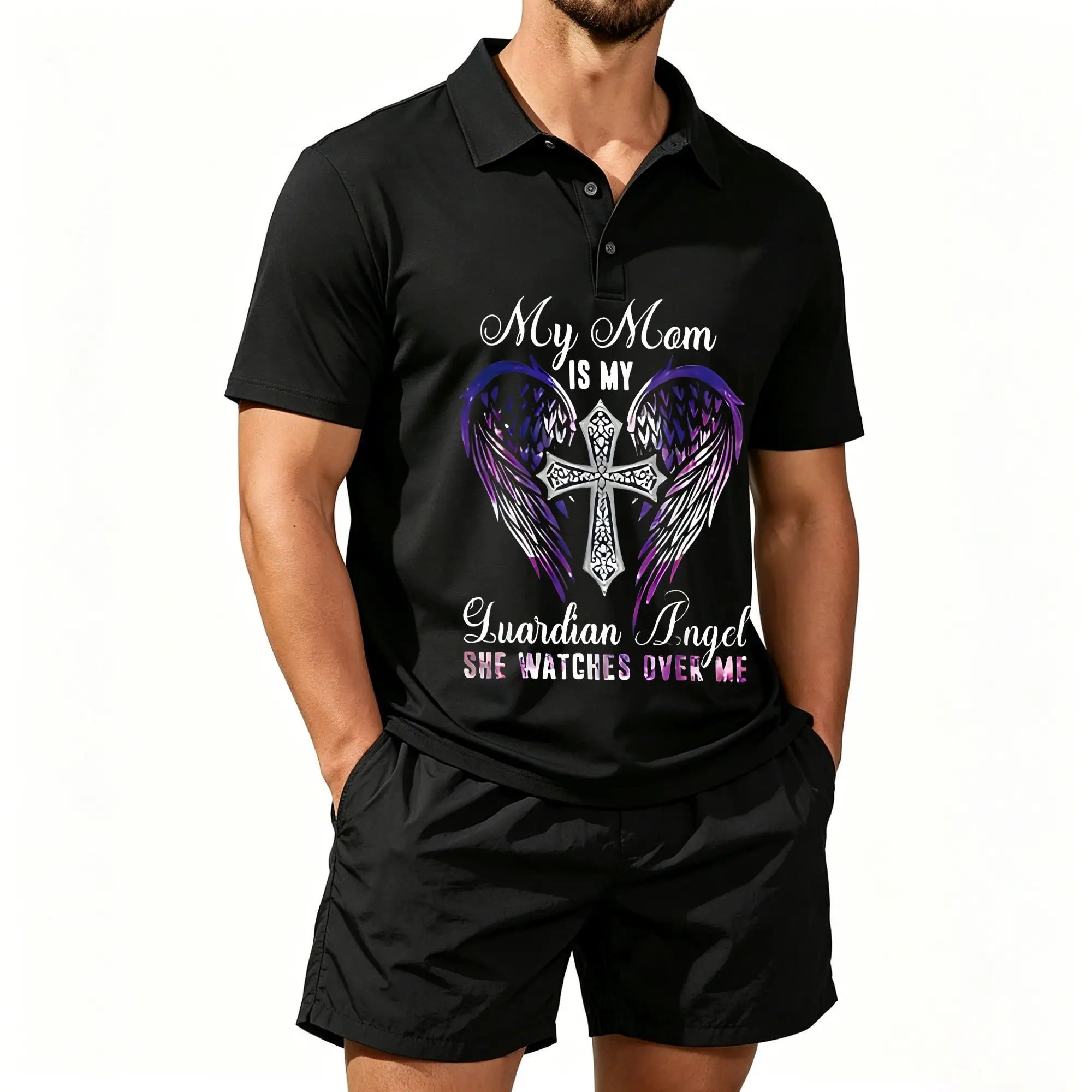 Conjunto de Dos Piezas de Camiseta Polo y Pantalones Cortos de Playa para Hombre, un Conjunto Conmemorativo Cálido y Sentimental: Mamá es mi Ángel Guardián. Casual y versátil, cómodo de llevar y bien diseñado.