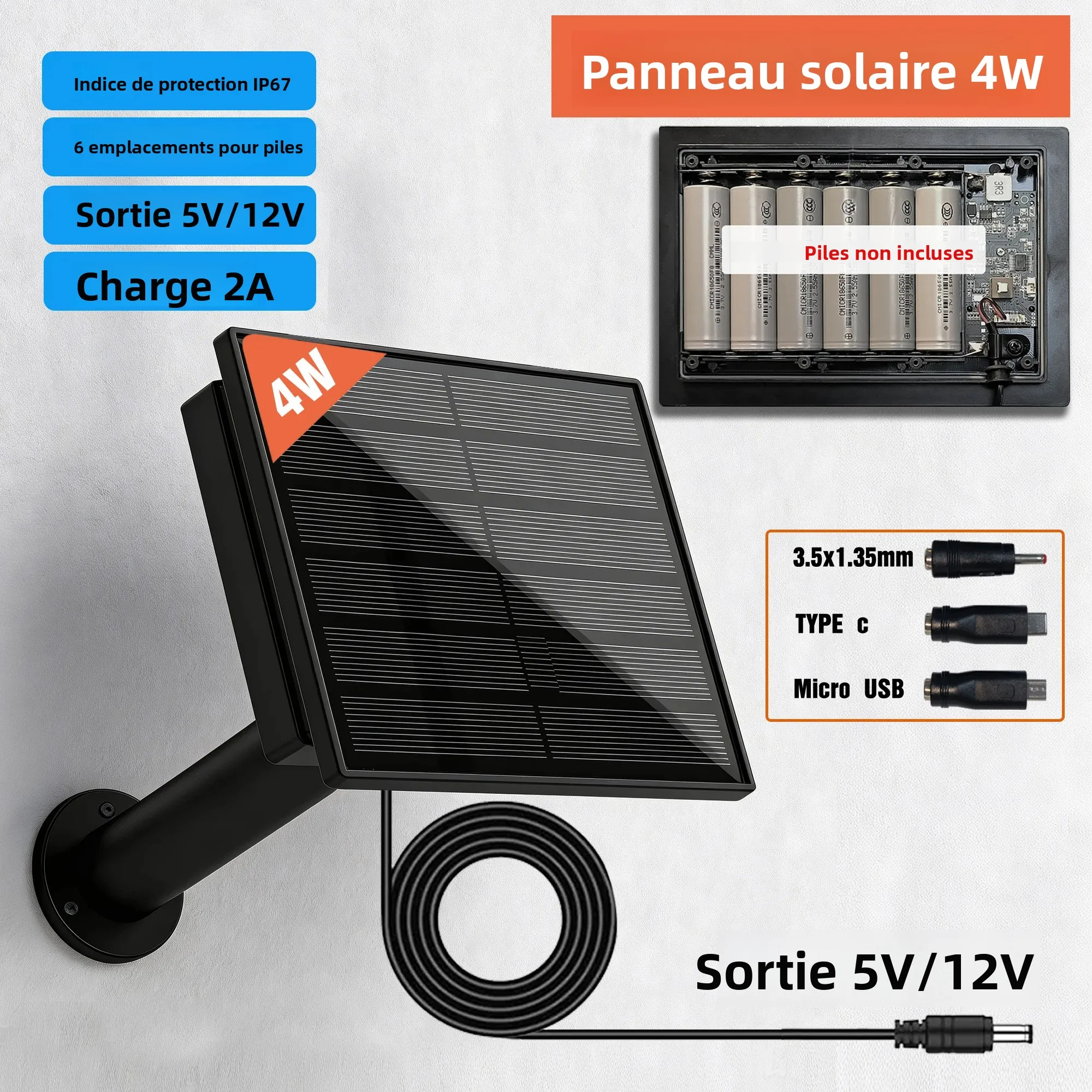Panneau solaire 4W, sortie 5V 12V 2A, installation de batterie avec Micro USB TypeC, étanche à l'extérieur, pour capteurs à distance, dispositif de chasse