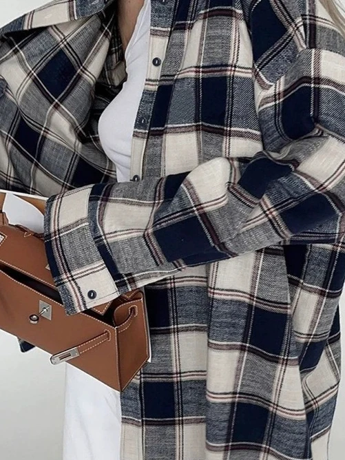 Loose Plaid irt Jaet for Women Big Pattern Flannel Long Sve Turn-down Collar Casual Street Sle Polyester Outerwear
