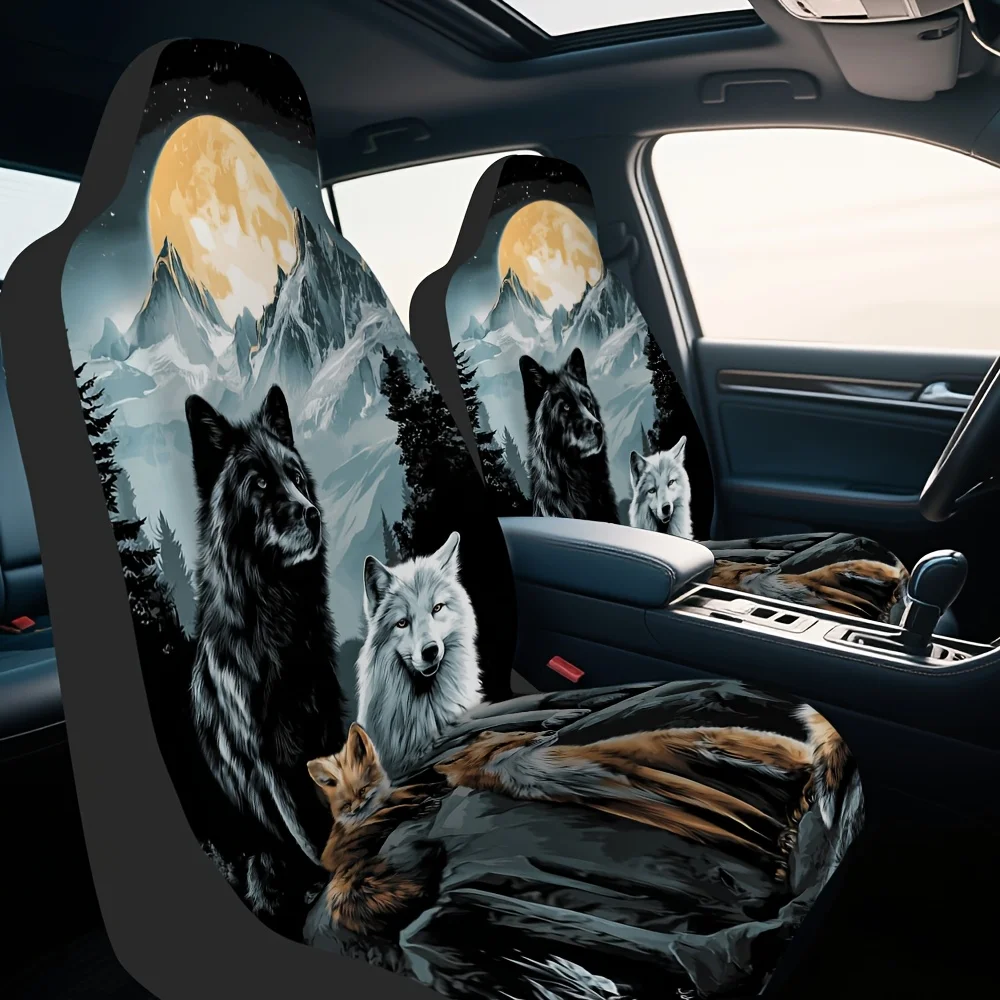 2pcs Moonlit Wolves Family Car Seat Covers - Wolf & Wolf Puppy Design, Fit For SUVs, Sedans, Trucks, Washable & Comfortable, Dur
