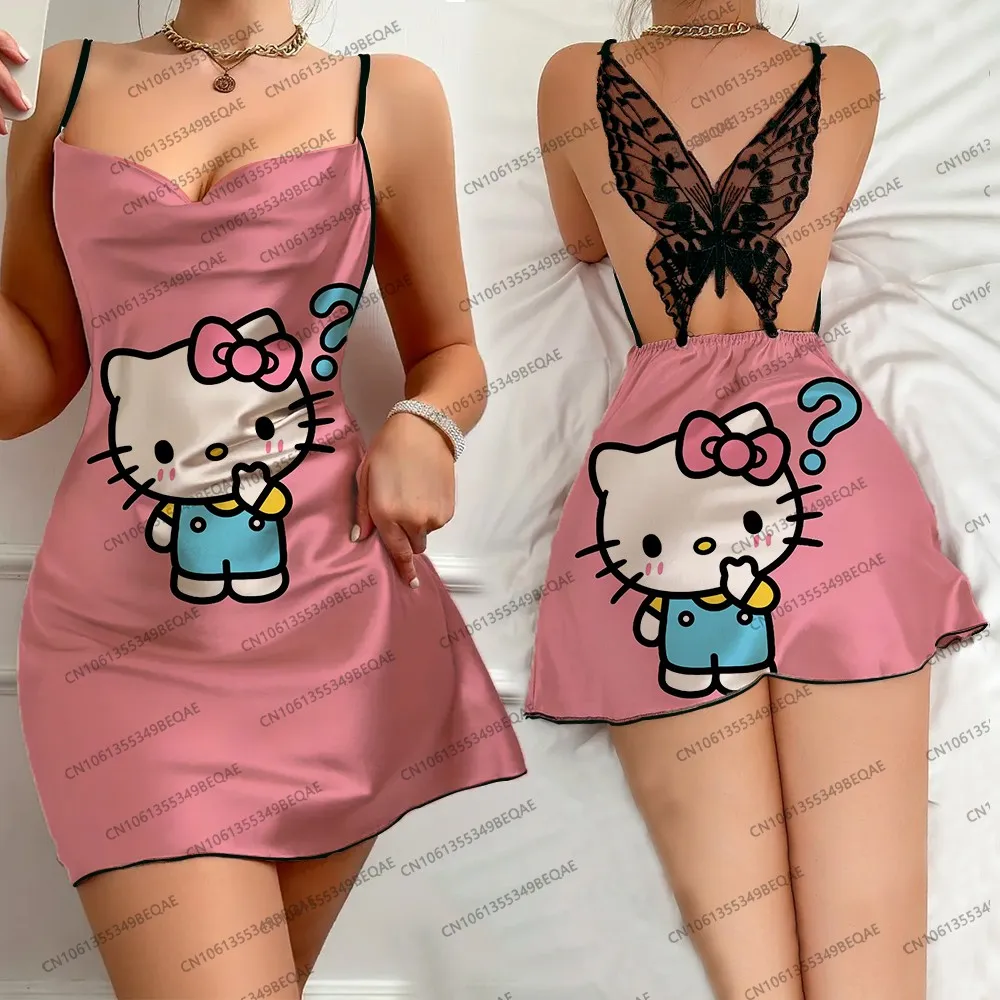 Summer Women's Sexy Backless Butterfly Lace Nightdress Hello Kitty Print Casual Crew Neck Fashion Comfort Suspender Pajamas