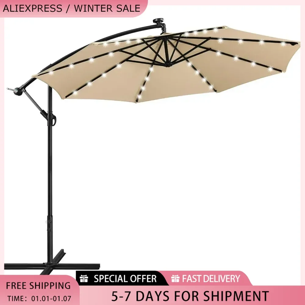 Solar Offset Umbrella with 10FT 32 LED Lights Cantilever Outdoor Umbrellas Handy Crank & Cross Base  for the Beach for Backyard