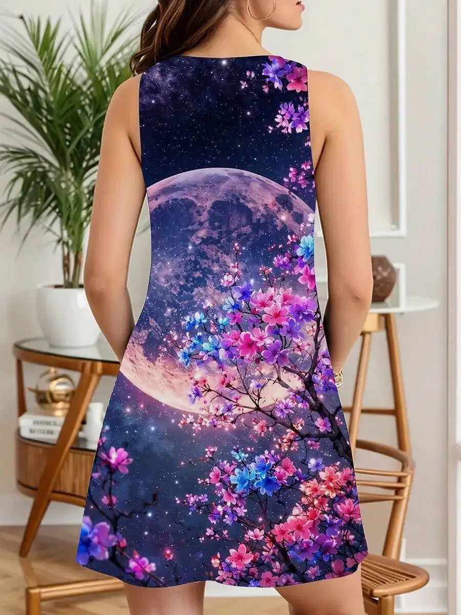 

Women Sleeveless Dress Moon And Cherry Blossom Print Spring Summer