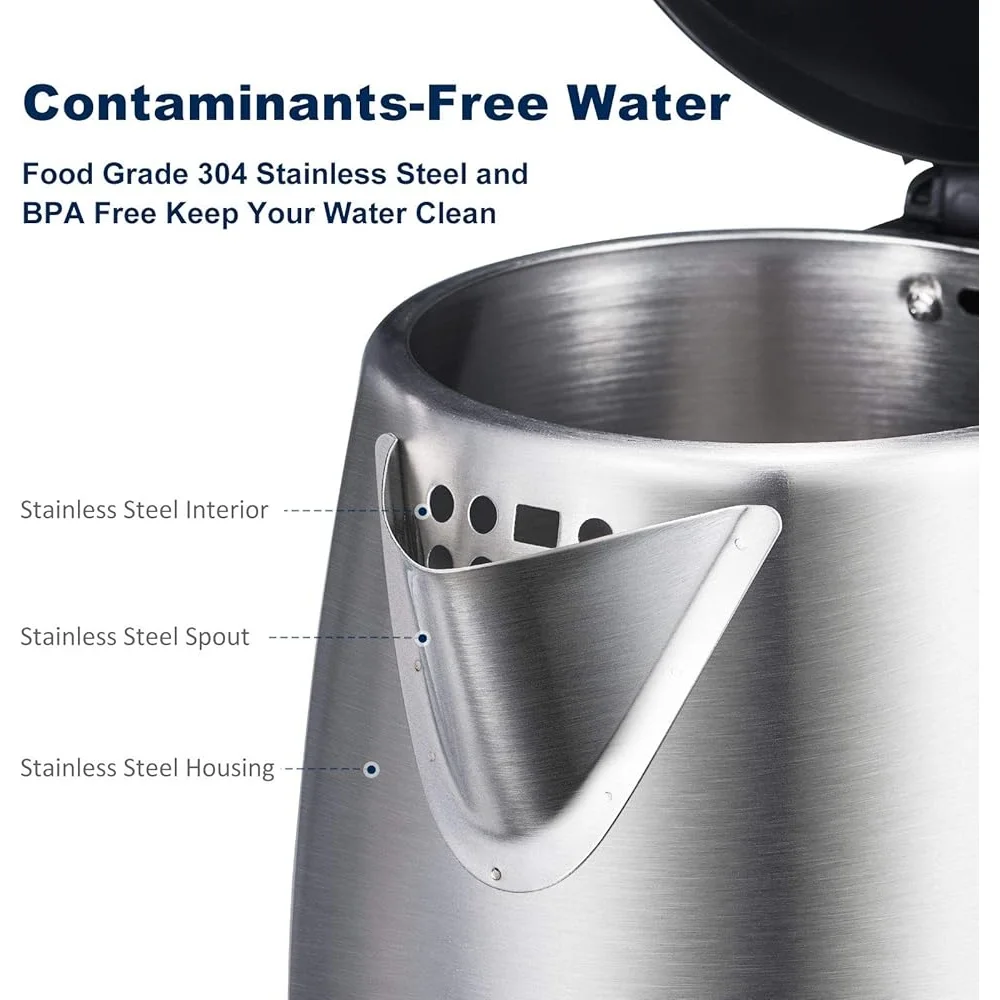 Electric Kettle 1.7L Stainless Steel Tea Maker Fast Boiling 1500W Automatic Shut Off LED Light 360° Base Storage