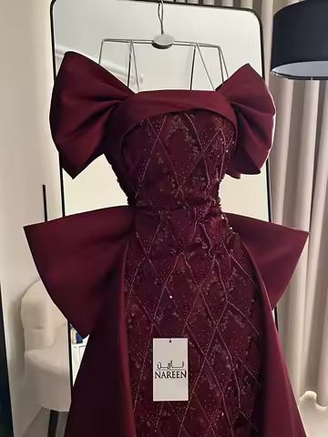 Customized Off The Shoulder Big Bow Beading Sequins Mermaid Evening Birthday Dress Slim Floor Length Prom Formal Party Dress